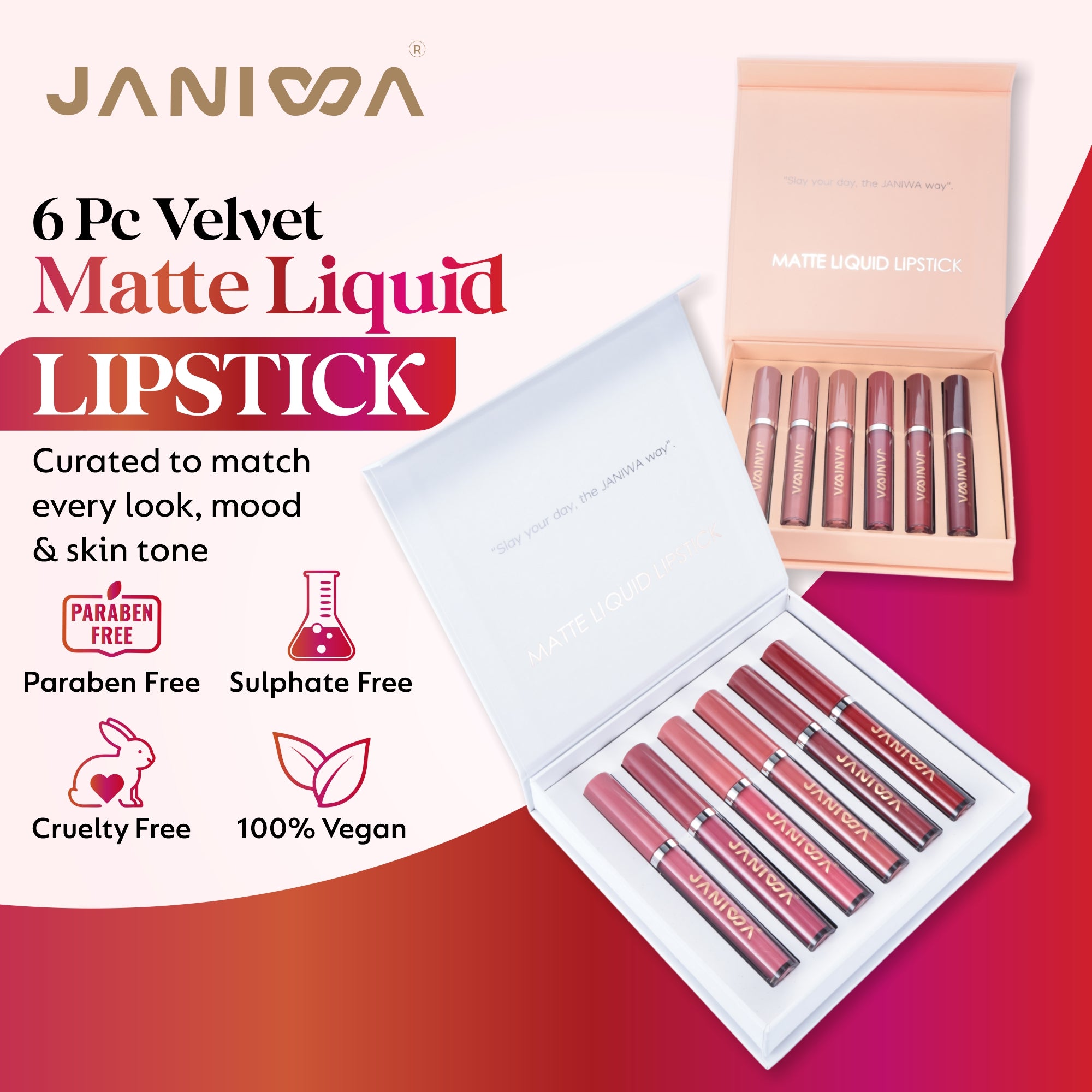 Janiwa Vegan Velvet Matte Liquid Lipstick Set (6 Pcs)
