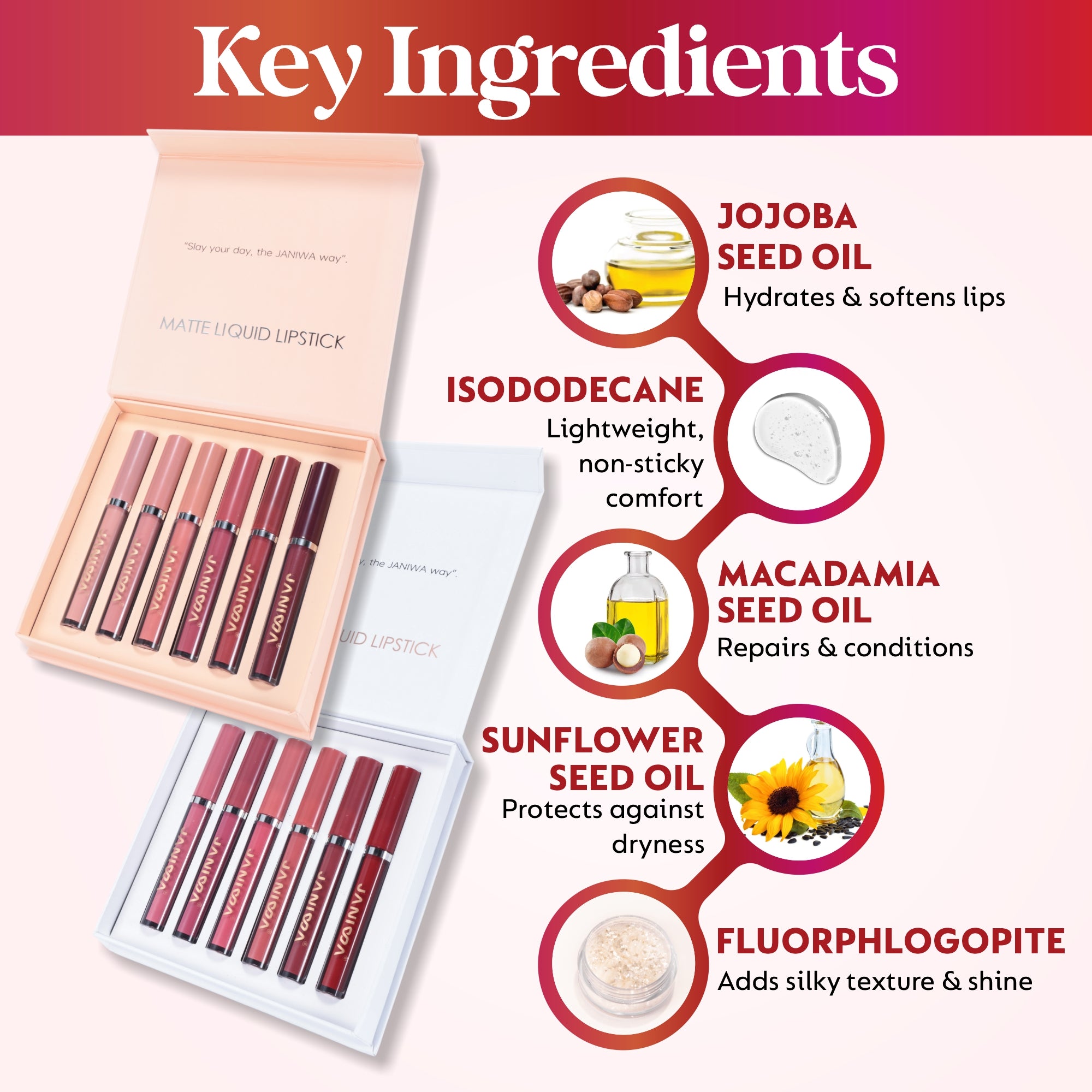 Janiwa Vegan Velvet Matte Liquid Lipstick Set (6 Pcs)