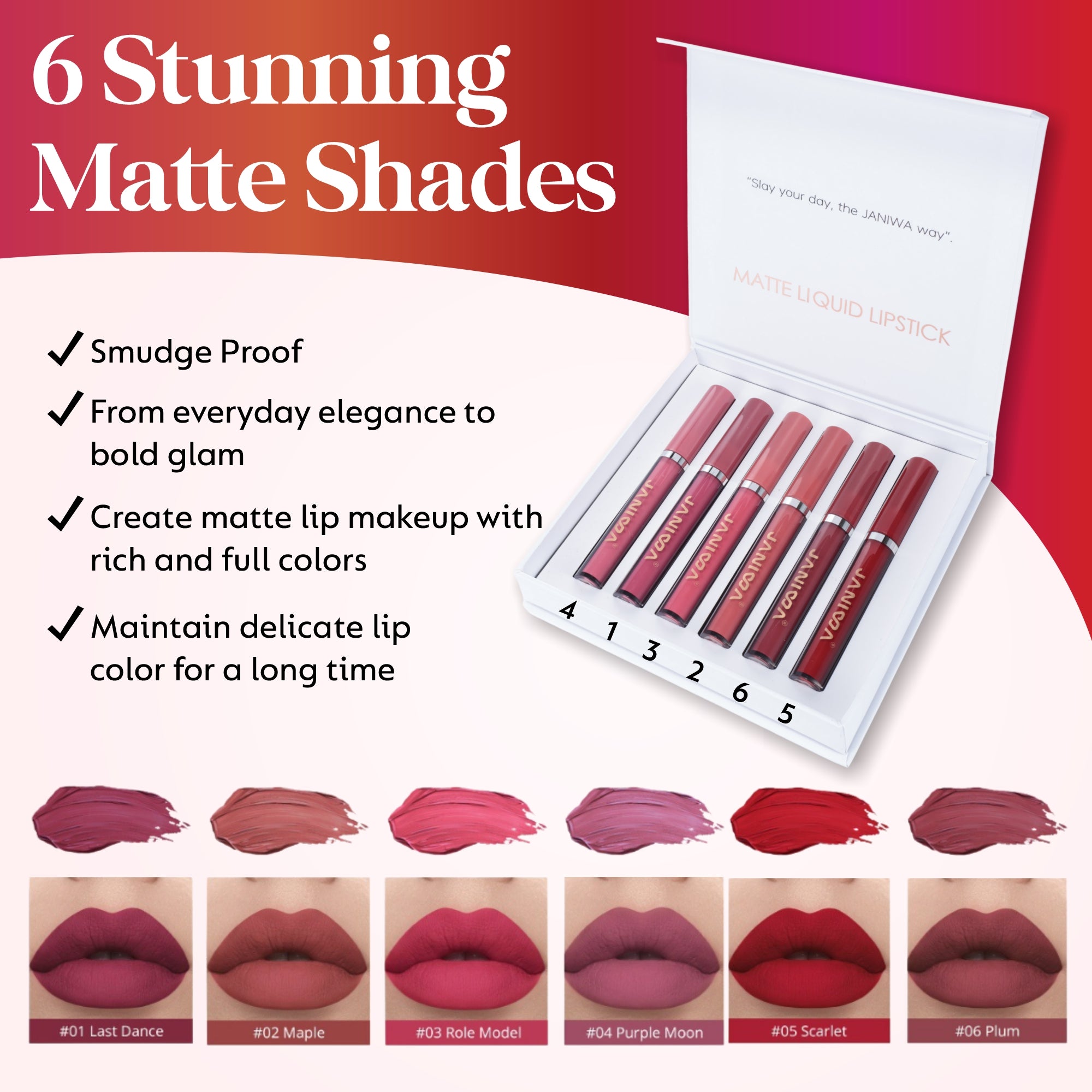 Janiwa Vegan Velvet Matte Liquid Lipstick Set (6 Pcs)