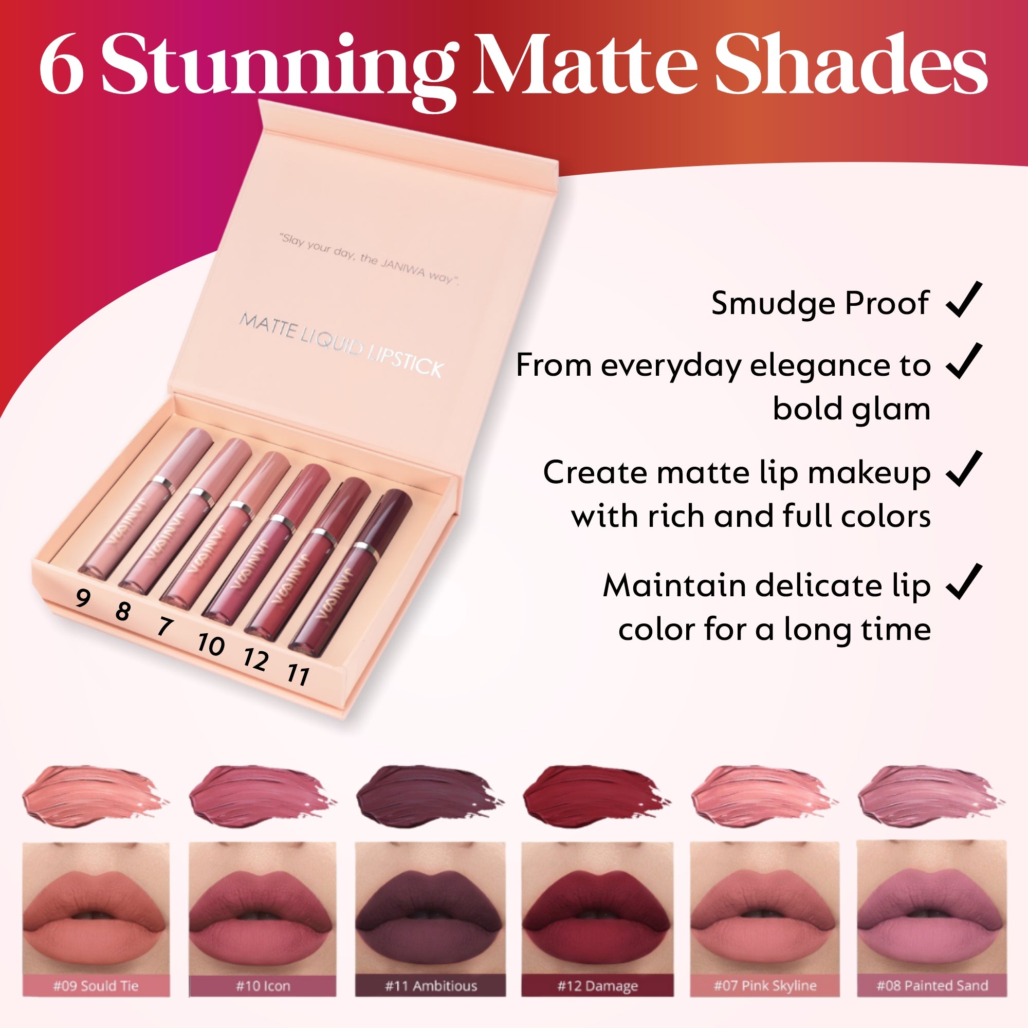 Janiwa Vegan Velvet Matte Liquid Lipstick Set (6 Pcs)