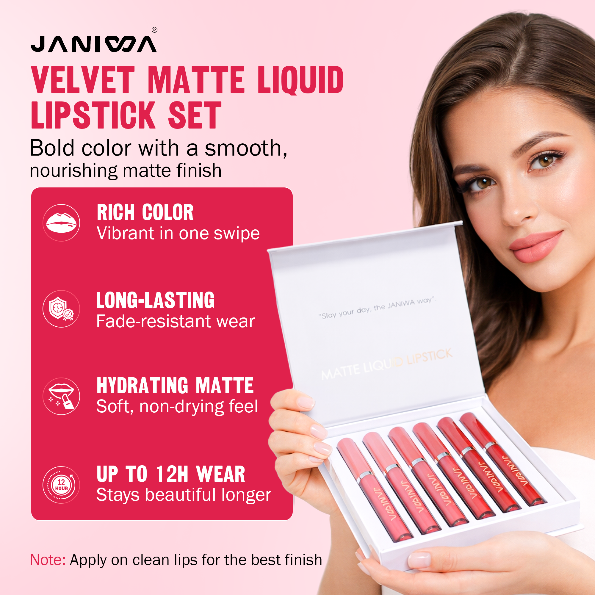 Janiwa Vegan Velvet Matte Liquid Lipstick Set (6 Pcs)